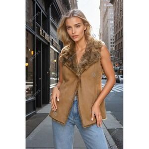 White Mark Faux Fur Trim Suede Vest Women Tan XS